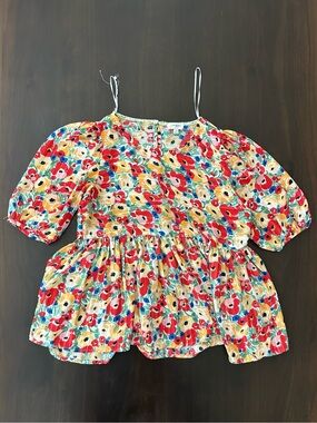 Umgee Floral Peplum Blouse Puff Sleeve Plisse Pleated Babydoll Top Red Yellow M